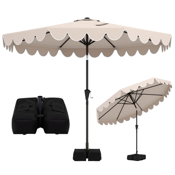 Costway 10 FT Patio Umbrella with Weighted Base, Sandbags, Push Button Tilt & Crank Beige