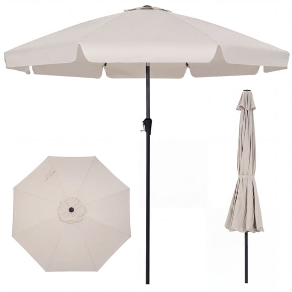Costway 10 FT Scalloped Patio Umbrella with Push Button Tilt, Crank, 8 Fiberglass Ribs Beige