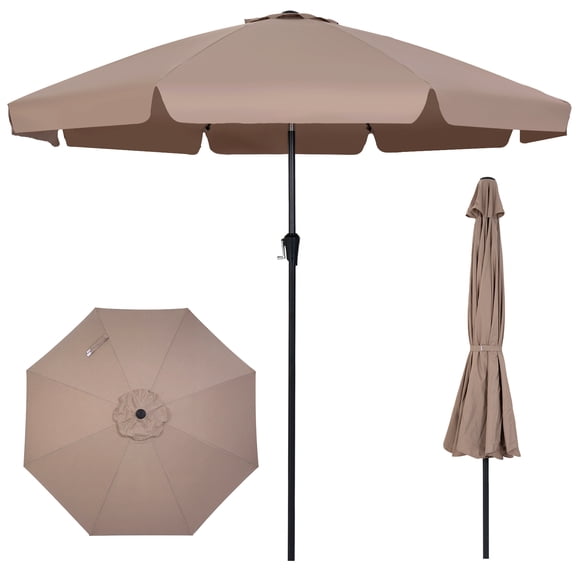 Costway 10 FT Scalloped Patio Umbrella with Push Button Tilt, Crank, 8 Fiberglass Ribs Tan