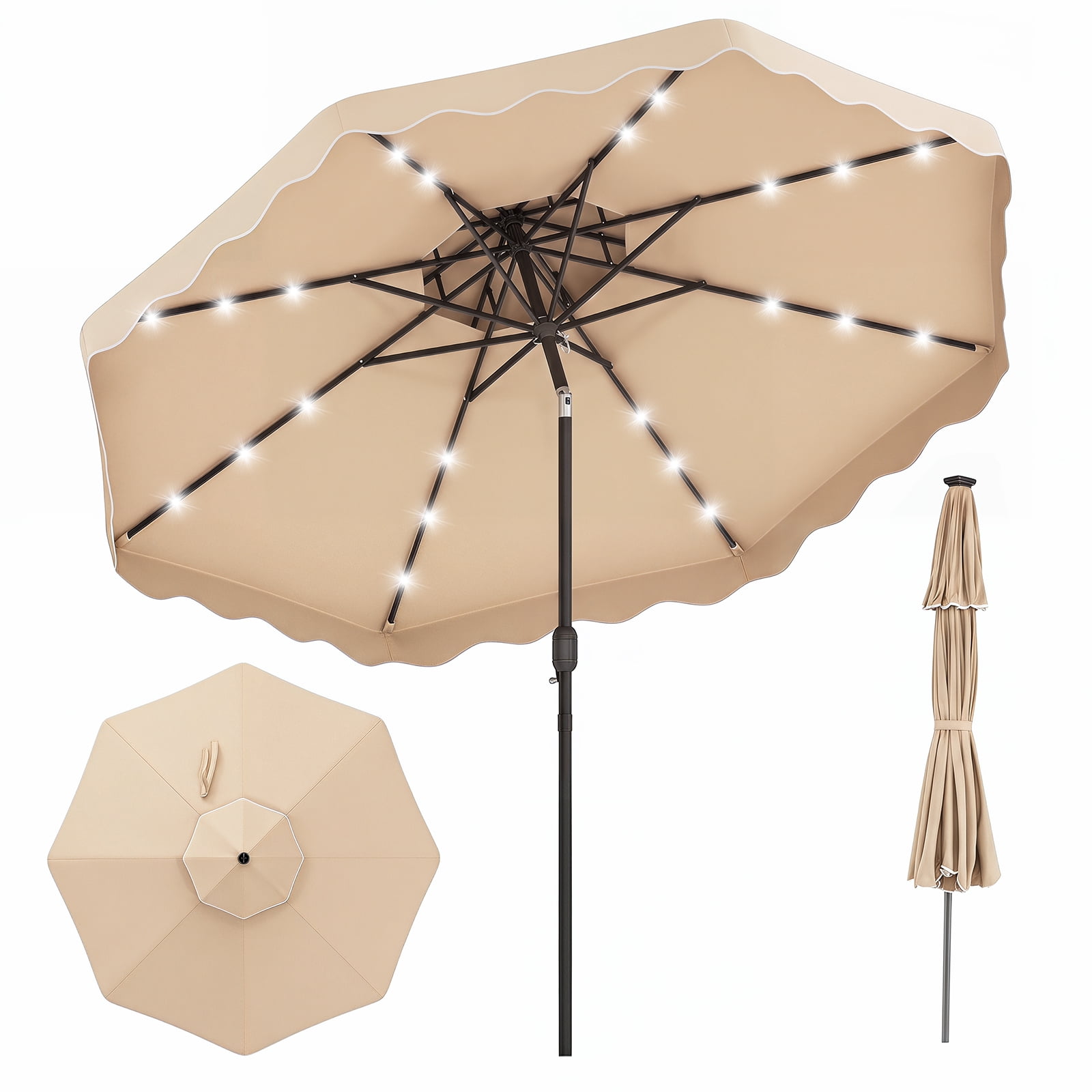 Costway 10 FT Solar LED Patio Umbrella, Push-Button Tilt & Crank, 24 LED Lights & 8 Ribs Beige