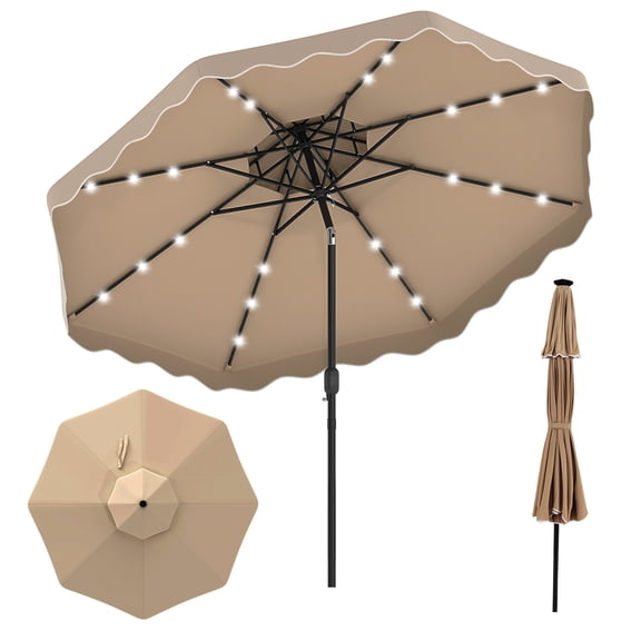Costway 10 FT Solar LED Patio Umbrella, Push-Button Tilt & Crank, 24 LED Lights & 8 Ribs Brown