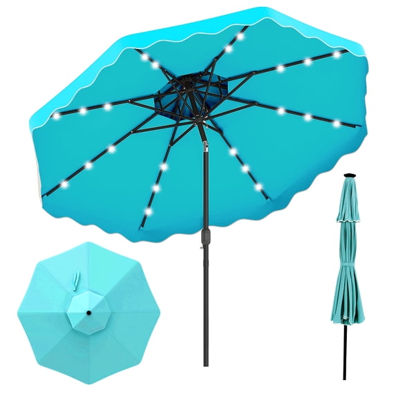Costway 10 FT Solar LED Patio Umbrella, Push-Button Tilt & Crank, 24 LED Lights & 8 Ribs Turquoise