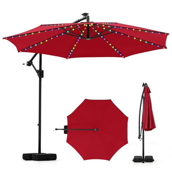 Costway 10 FT Solar Offset Hanging Umbrella with 96 Solar Multi-colored Flowing LED Lights Red