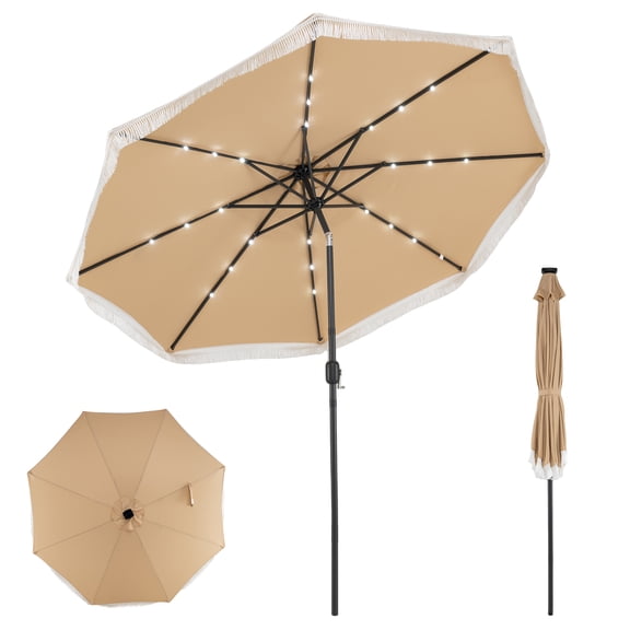 Costway 10 FT Solar Patio Umbrella with 24 LED Lights, Market Table Umbrella with Fringe Beige