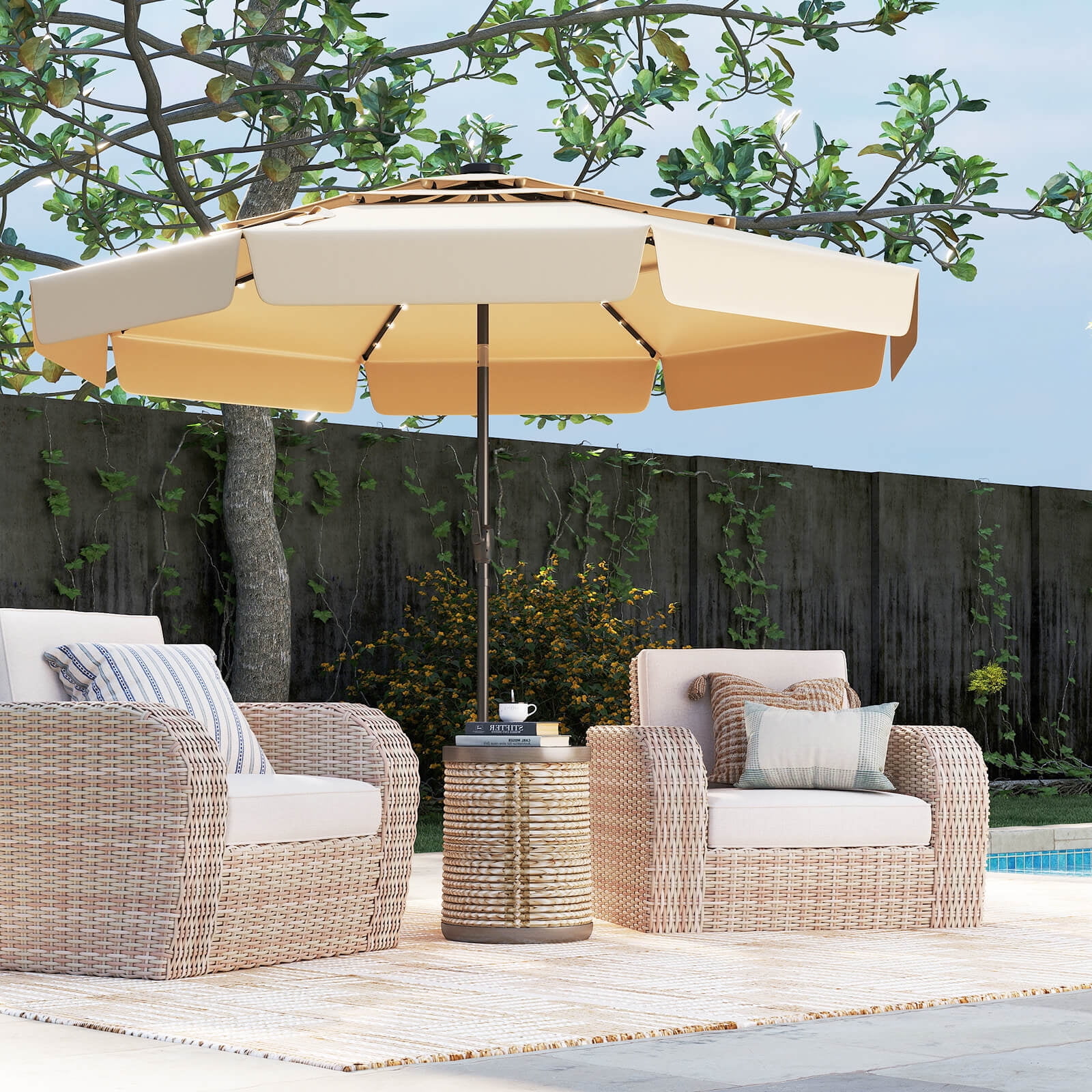 Costway 10 FT Solar Patio Umbrella with 32 LED Lights 3-Tier Vented Top & Ruffles Beige