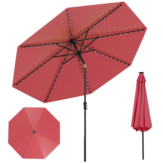 Costway 10 FT Solar Patio Umbrella with 96 LED Lights 35° Adjustable Tilt Vented Top Red