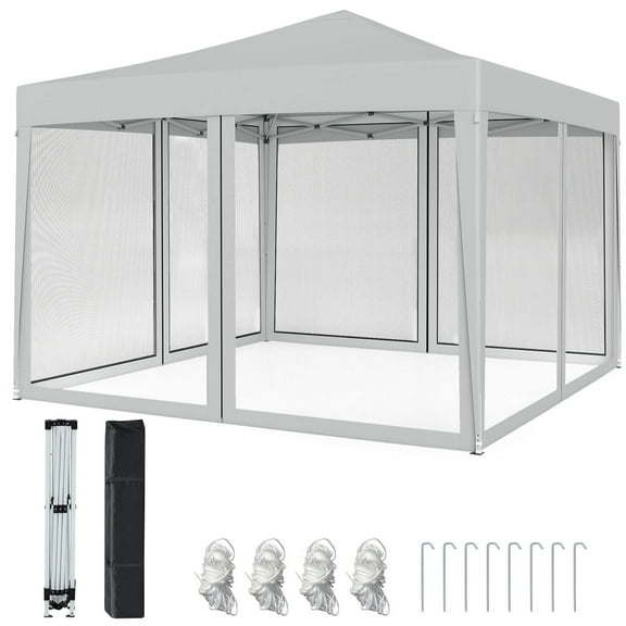 Costway 10 FT x 10 FT Pop-Up Canopy Tent with Mesh Netting, Carry Bag, 8 Stakes & 4 Ropes Beige