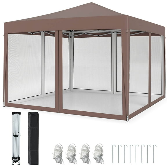 Costway 10 FT x 10 FT Pop-Up Canopy Tent with Mesh Netting, Carry Bag, 8 Stakes & 4 Ropes Brown