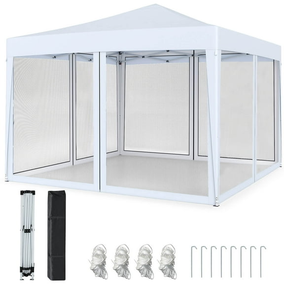 Costway 10 FT x 10 FT Pop-Up Canopy Tent with Mesh Netting, Carry Bag, 8 Stakes & 4 Ropes White
