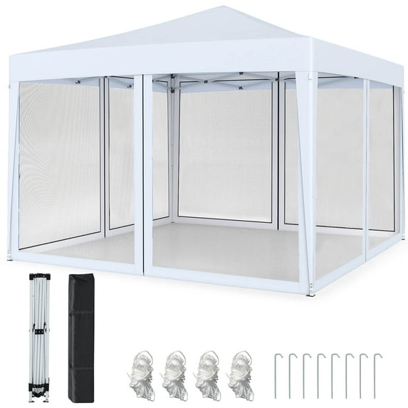 Costway 10 FT x 10 FT Pop-Up Canopy Tent with Mesh Netting, Carry Bag, 8 Stakes & 4 Ropes White