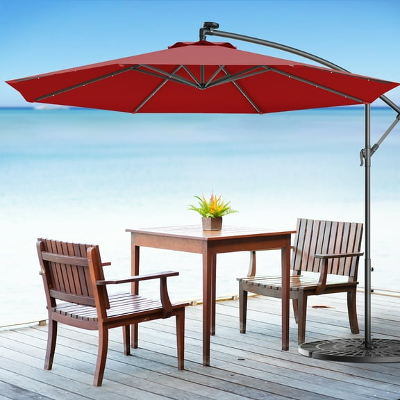 Costway 10' Hanging Solar LED Umbrella Patio Sun Shade Offset Market W/Base Burgundy