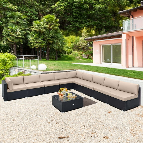Costway 10 PCS Patio Rattan Furniture Set Outdoor Wicker Sofa Table Cushioned Seat Beige