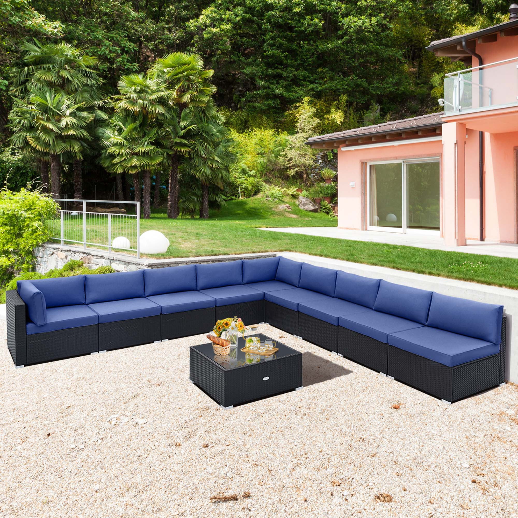 Costway 10 PCS Patio Rattan Furniture Set Outdoor Wicker Sofa Table Cushioned Seat Navy
