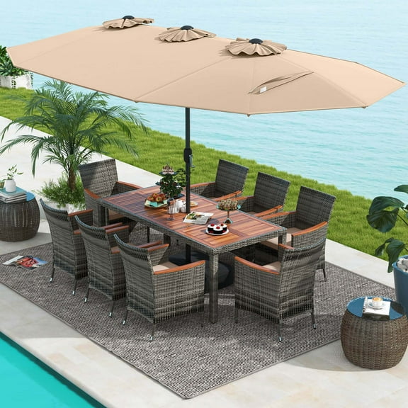 Costway 10 Pieces Patio Wicker Dining Set with Double-Sided Patio Umbrella 8 Armchairs Coffee