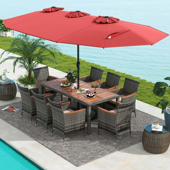 Costway 10 Pieces Patio Wicker Dining Set with Double-Sided Patio Umbrella 8 Armchairs Red