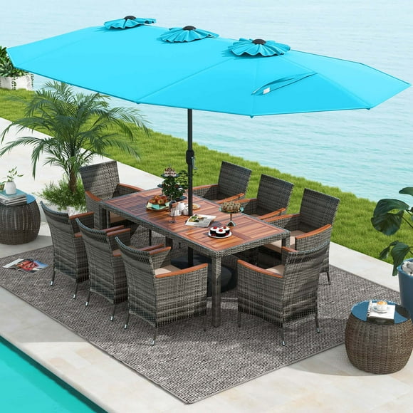 Costway 10 Pieces Patio Wicker Dining Set with Double-Sided Patio Umbrella 8 Armchairs Turquoise