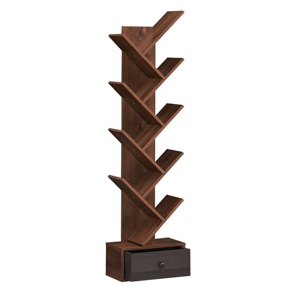 Costway 10-Tier Wooden Tree Bookshelf with Drawer Display Storage Organizer Rack Brown