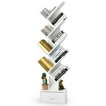 Costway 10-tier Tree Bookshelf with Drawer Free-standing Bookcase Storage Shelf White