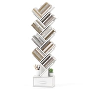 Costway 10-tier Tree Bookshelf with Drawer Free-standing Bookcase Storage Shelf White