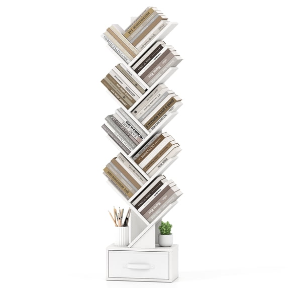 Costway 10-tier Tree Bookshelf with Drawer Free-standing Bookcase Storage Shelf White