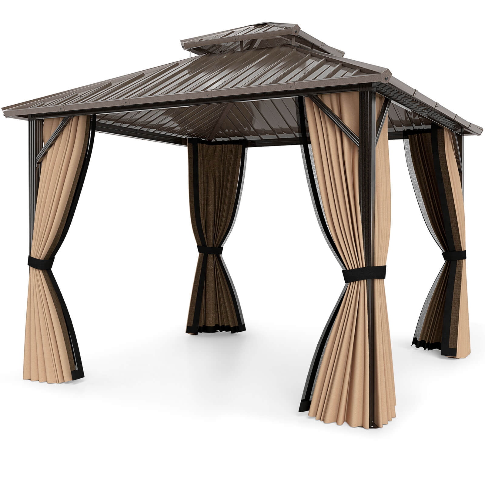 Costway 10 x 10 FT Hardtop Gazebo with Netting Heavy-Duty Double-Roof Galvanized Metal Top