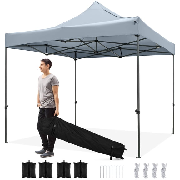Costway 10 x 10 FT Outdoor Pop up Canopy Tent with Wheeled Bag, 4 Sandbags, Stake & Ropes Gray