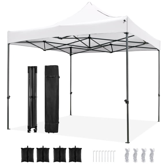 Costway 10 x 10 FT Outdoor Pop up Canopy Tent with Wheeled Bag, 4 Sandbags, Stake & Ropes White