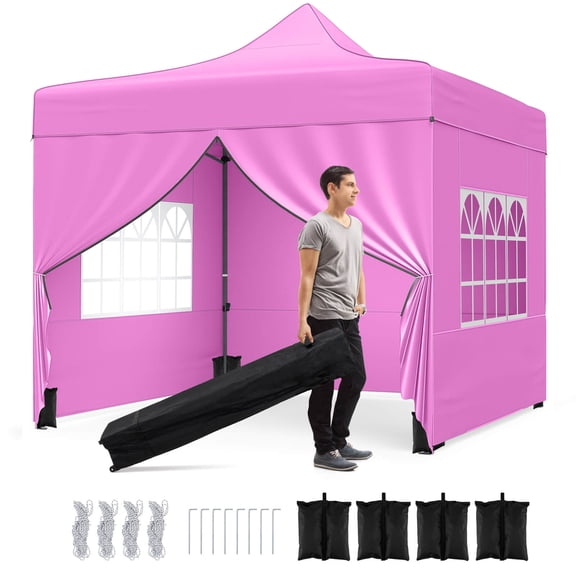 Costway 10 x 10 FT Pop up Canopy Tent with 4 Removable Sidewalls, Wheeled Bag, Sandbags Pink