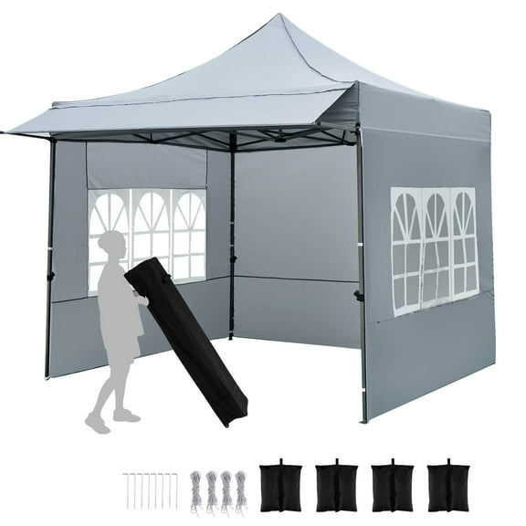 Costway 10 x 10 FT Pop up Canopy Tent with Sidewalls & Awning, Wheeled Bag, Sandbags, Stake Gray