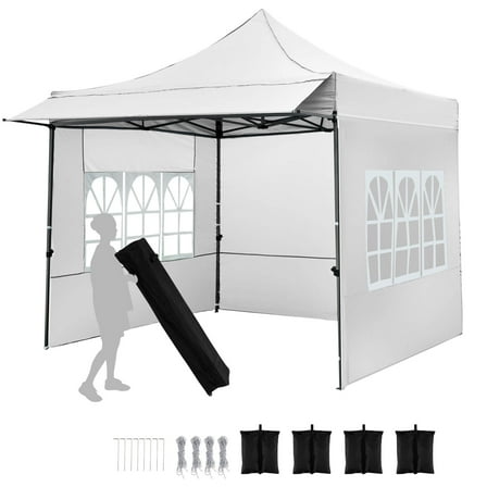 Costway 10 x 10 FT Pop up Canopy Tent with Sidewalls & Awning, Wheeled Bag, Sandbags, Stake White