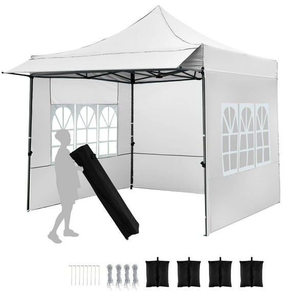Costway 10 x 10 FT Pop up Canopy Tent with Sidewalls & Awning, Wheeled Bag, Sandbags, Stake White