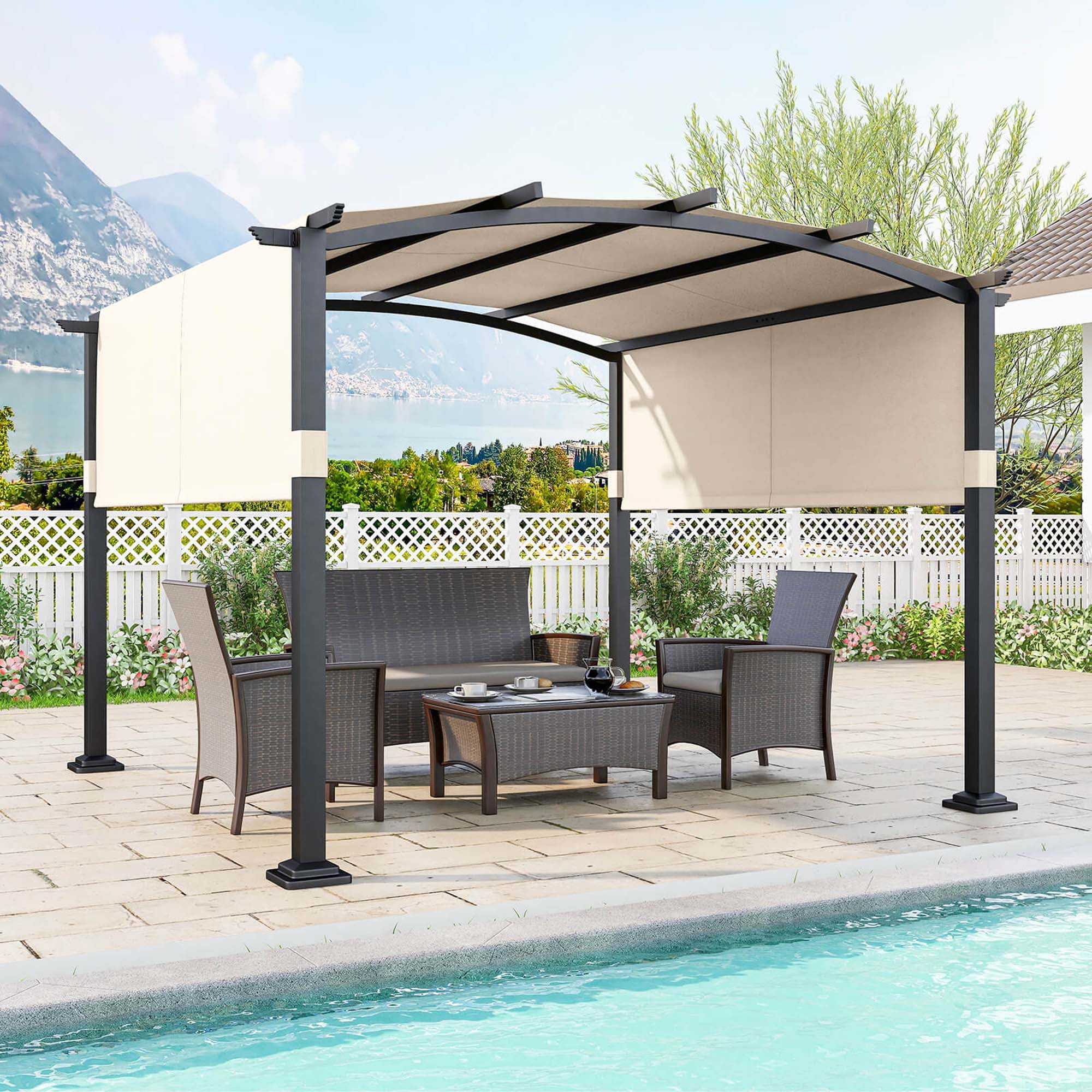 Beige and Black 10' x 10' Outdoor Pergola with Retractable Canopy