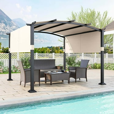 Costway 10' x 10' Outdoor Pergola with Retractable Sunshade Canopy Anchored Plates Patio Beige