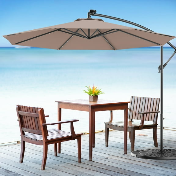Costway 100.80" Tan Fixed Octagon Cantilever Patio Umbrella, Solar Lighted