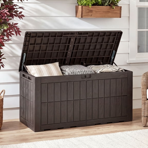 Costway 100 Gal Outdoor Deck Box, All-Weather Lockable Storage Bin with Lid and Handles Dark Brown