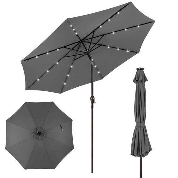 Costway 10FT Patio Solar Umbrella LED Patio Market Steel Tilt with Crank Outdoor Gray