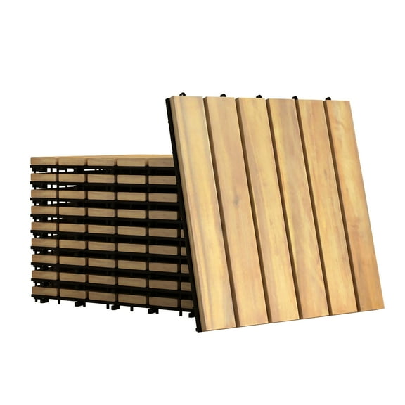 Costway 10PCS 12'' x 12'' Acacia Wood Deck Tiles Interlocking Patio Pavers Stripe Pattern
