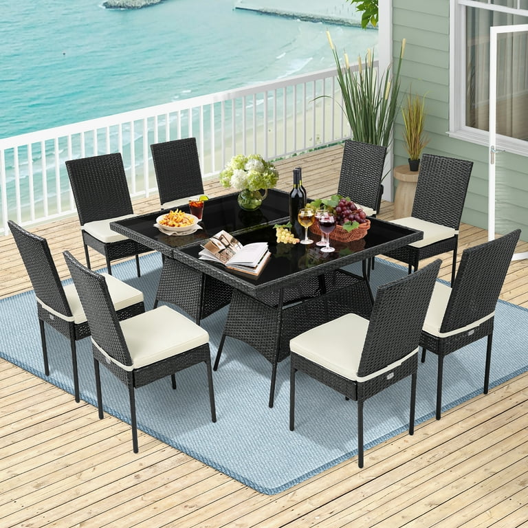 Costway 10PCS Patio Rattan Dining Set for Backyard Outdoor Deck Furniture with Cushioned Chair Glass Top Table Walmart