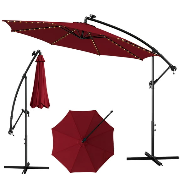 Costway 10ft Red Octagon Patio Solar-Lighted 112 LED Cantilever Offset Umbrella, Fade Resistant