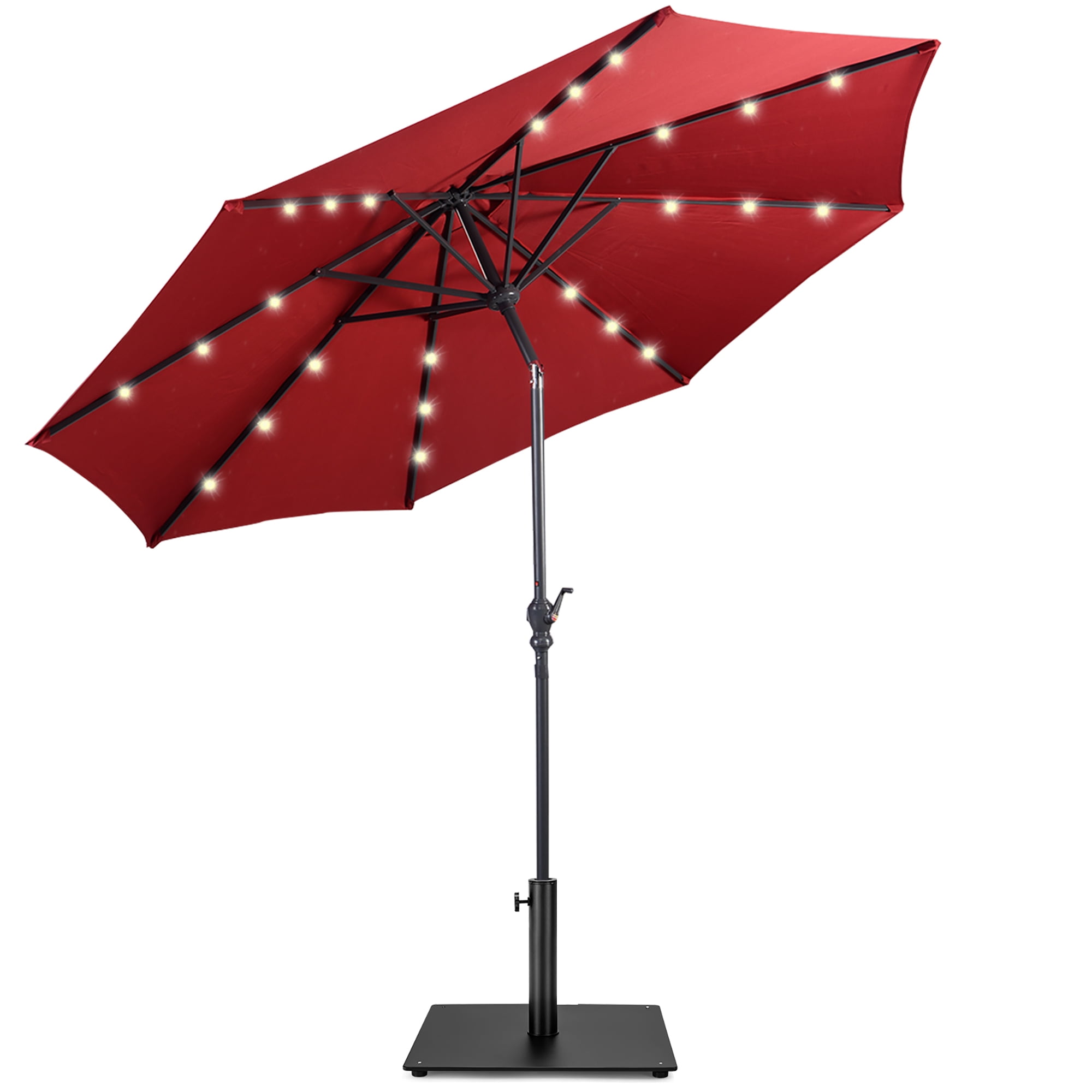 Costway 10ft Solar Lights Patio Umbrella Outdoor W/ 36 LBS Steel Umbrella Stand,  Patio Umbrella Outdoor W/ 50 LBS Movable Umbrella Stand, Burgundy