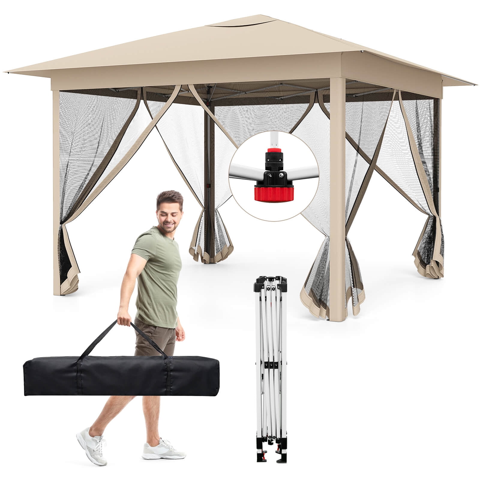 Costway, Pop-up Canopy, 11.5x11.5 ft, Beige with Mesh Screen - Walmart.com