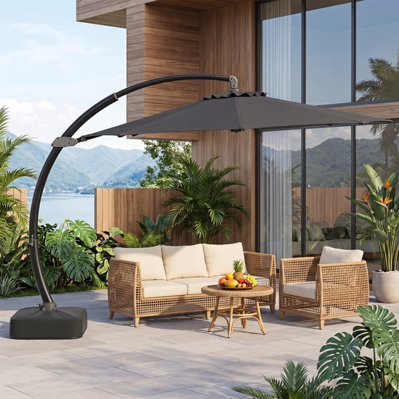 Costway 11 FT Cantilever Patio Umbrella with Base, 360° Rotation & Tilt Adjustment for Yard Gray