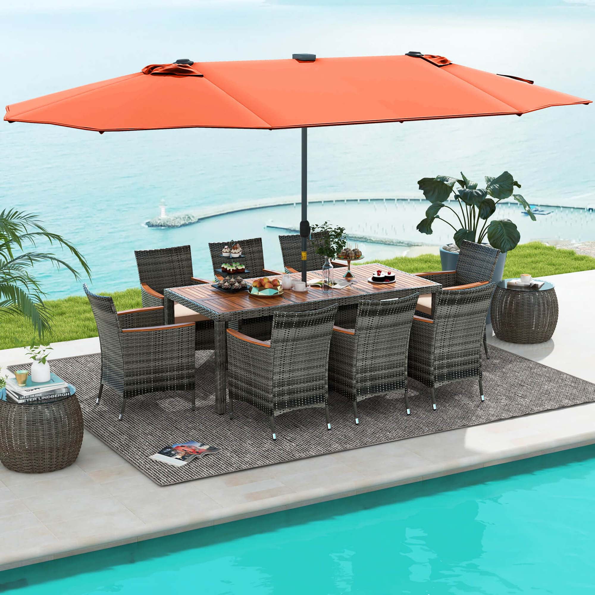 11-Piece Gray Rattan Patio Dining Set with Orange Umbrella