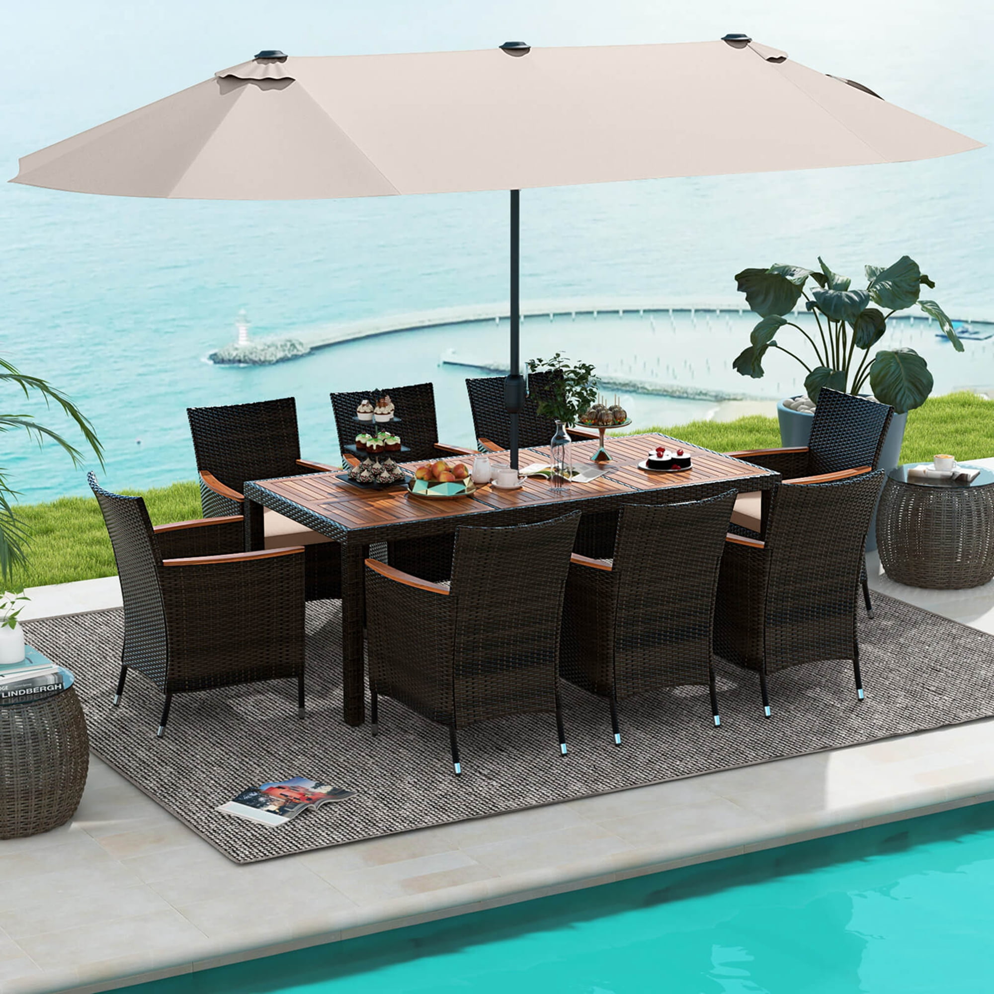 Costway 11 PCS Patio Dining Set with 15ft Double-Sided Patio Umbrella (Base  Included) Beige