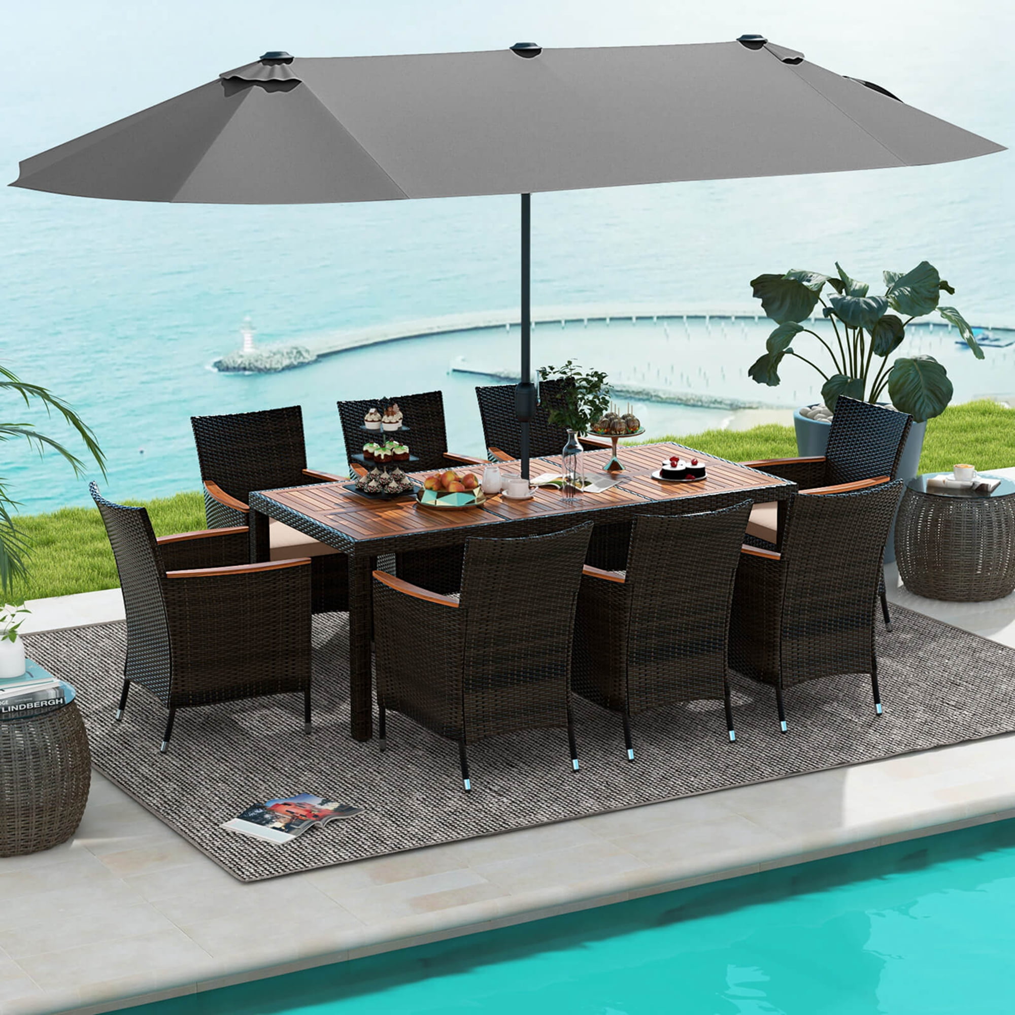 iwicker 15 ft double-sided patio umbrella PURPLE LEAF 15x9ft Rectangular Outdoor Market with Base, Light Grey 8 dining chairs (24 in Costway 15 Ft Patio Double