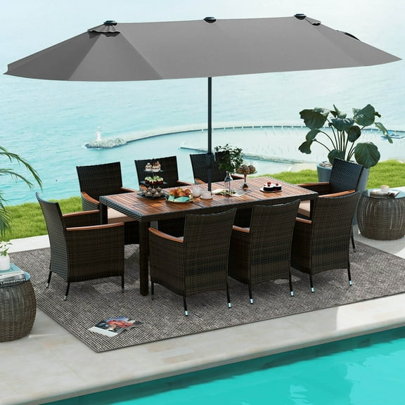 Costway 11 PCS Patio Dining Set with 15ft Double-Sided Patio Umbrella (Base Included) Grey