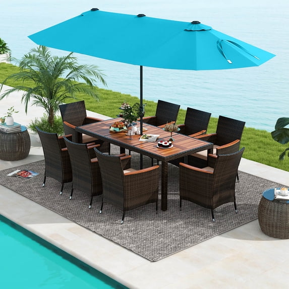 Costway 11 PCS Patio Dining Set with 15ft Double-Sided Patio Umbrella (Base Included) Mix Brown