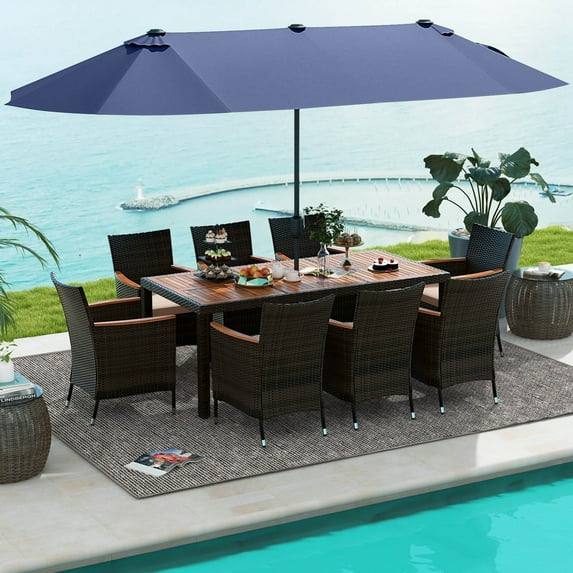 Costway 11 PCS Patio Dining Set with 15ft Double-Sided Patio Umbrella (Base Included) Navy