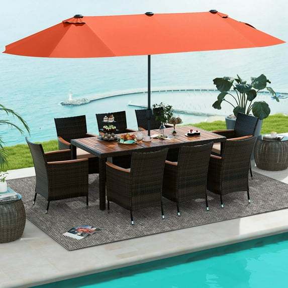 Costway 11 PCS Patio Dining Set with 15ft Double-Sided Patio Umbrella (Base Included) Orange