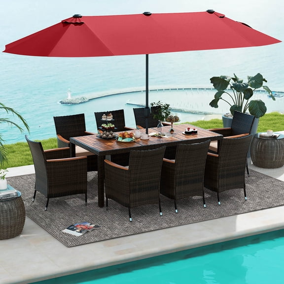 Costway 11 PCS Patio Dining Set with 15ft Double-Sided Patio Umbrella (Base Included) Wine
